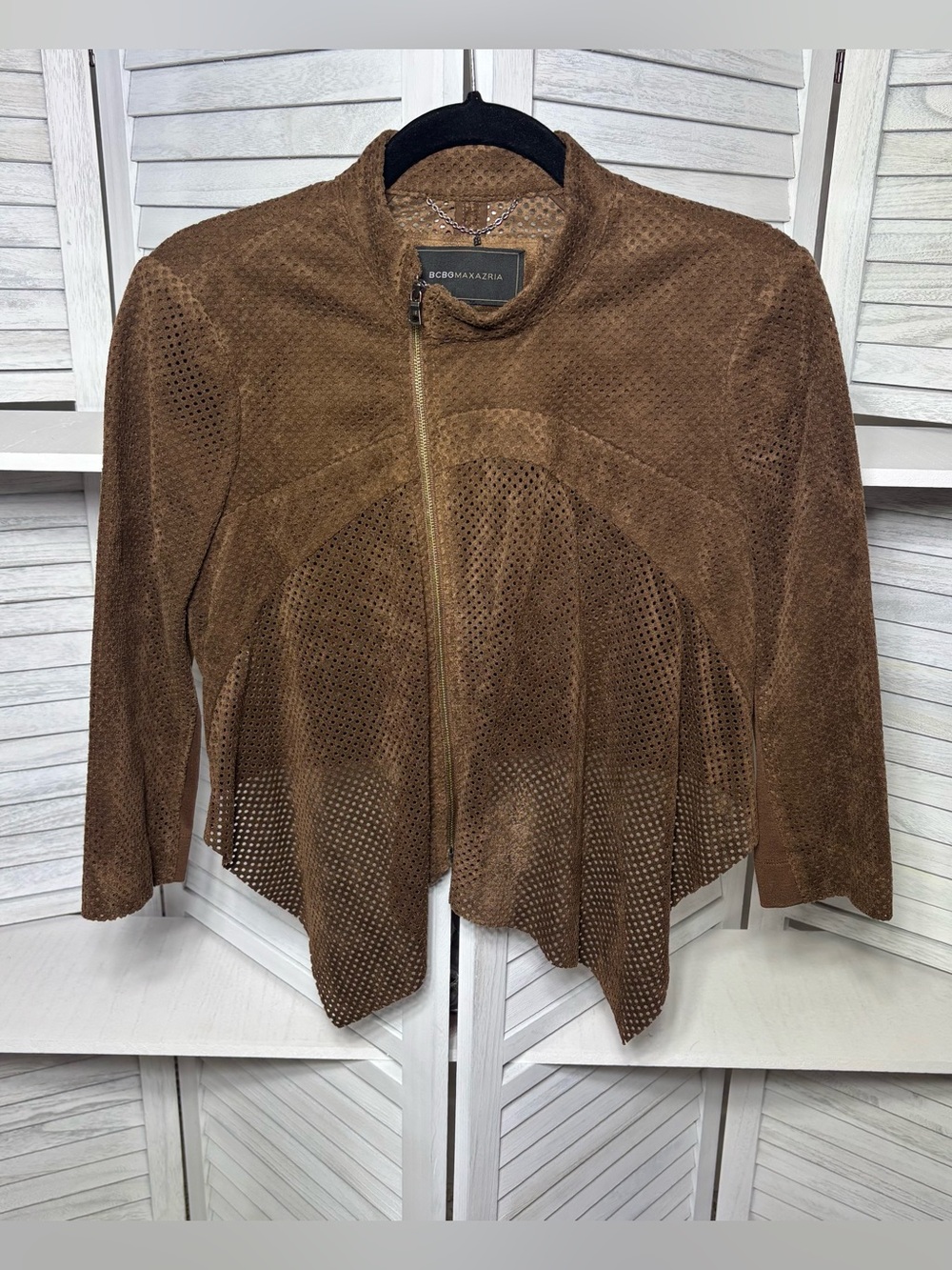 BCBGMAXAZRIA Bri Faux Suede Perforated Asymmetrical Jacket S